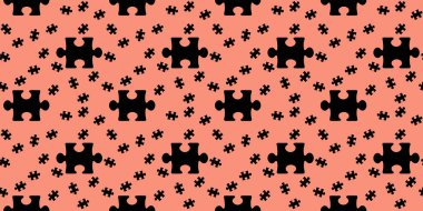 Desen. Pastel kırmızı arka planda siyah yapboz elementlerinin görüntüsü. Bilmece. Yüzeye uygulama şablonu. Bölgeye yerleştirme pankartı. Yatay görüntü. 3 boyutlu görüntü. 3B görüntüleme.