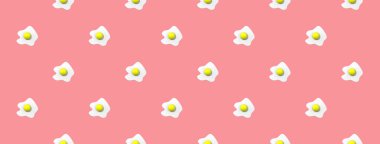 Desen. Pastel mor arka planda tavuk yumurtası resmi. Yuvarlak yumurta sarısı. Yüzey kaplama şablonu. Bölgeye yerleştirme pankartı. Yatay görüntü. 3 boyutlu görüntü. 3d oluşturma.