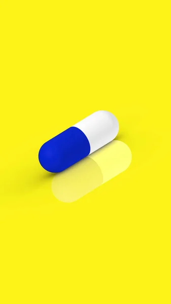 Egy Kék Kapszula Fekszik Sárga Alapon Visszaverődéssel Gyógyszer Függőleges Kép — Stock Fotó