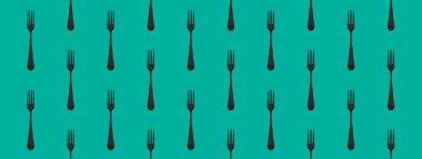 Desen. Pastel yeşil arkaplanda çatal üst görünümü. Yüzeye başvurmak için şablon. Bölgeye yerleştirme pankartı. Düz yatıyordu. 3 boyutlu görüntü. 3B görüntüleme.