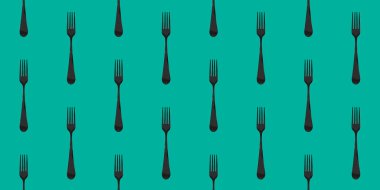 Desen. Pastel yeşil arkaplanda çatal üst görünümü. Yüzeye başvurmak için şablon. Bölgeye yerleştirme pankartı. Düz yatıyordu. 3 boyutlu görüntü. 3B görüntüleme.