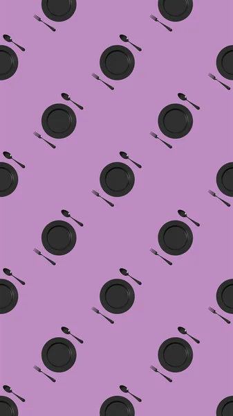 Pattern Kitchen Utensils Pastel Fiolet Purpur Background Fork Spoon Plate — Stockfoto