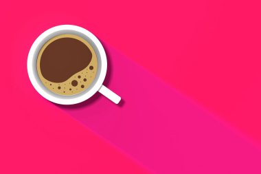 Kırmızı arka planda beyaz bir fincan kahve. Fincandan uzun bir gölge. Canlandırıcı bir içki. yatay görüntü. 3 boyutlu görüntü. 3B görüntüleme.