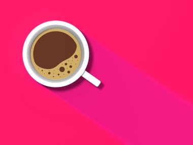 Kırmızı arka planda beyaz bir fincan kahve. Fincandan uzun bir gölge. Canlandırıcı bir içki. yatay görüntü. 3 boyutlu görüntü. 3B görüntüleme.