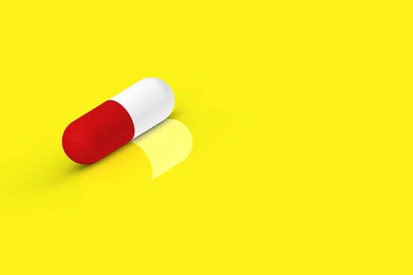 Red Capsule Lies Yellow Background Reflection Medication Horizontal Image Rendering — Foto Stock