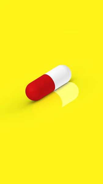 Red Capsule Lies Yellow Background Reflection Medication Vertical Image Rendering — Stockfoto