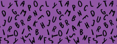 Klavye sembolleri ile şablon. Bir dizi mektup. Yüzey şablonu. Fiolet mor arka plan. Siteye eklenmek için pankart.