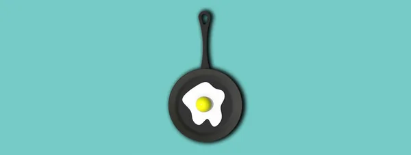 Fried Egg Frying Pan Pastel Green Blue Background Top View — Photo
