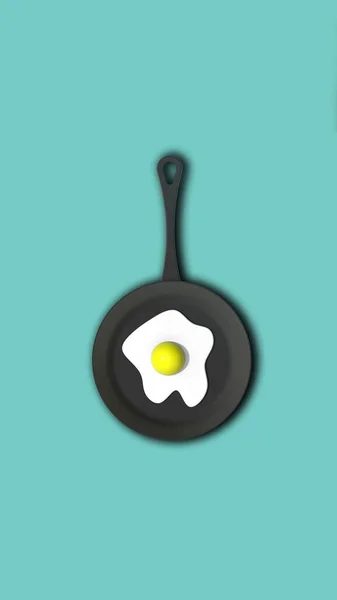 Fried Egg Frying Pan Pastel Green Blue Background Top View — Fotografia de Stock