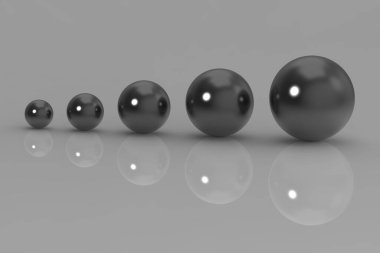 five glass balls of different sizes. balls of different sizes on a gray background. the concept of growth in anything. profit increase. Horizontal image. 3d image. 3d rendering.