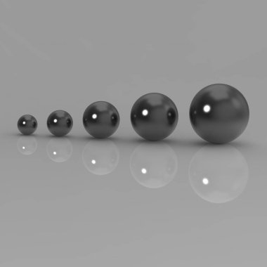 Farklı boyutlarda beş cam top. Gri arka planda farklı boyutlarda toplar. Herhangi bir şeyde büyüme kavramı. Kar artışı. Kare görüntü. 3 boyutlu görüntü. 3d oluşturma.