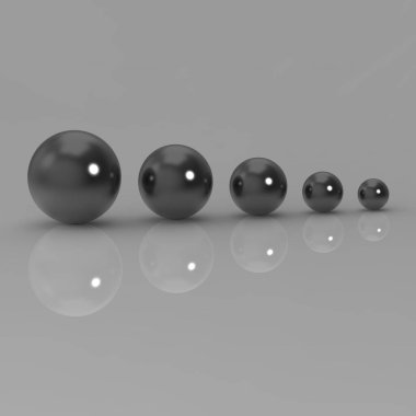 Farklı boyutlarda beş cam top. Gri arka planda farklı boyutlarda toplar. Herhangi bir şeyde büyüme kavramı. Kar artışı. Kare görüntü. 3 boyutlu görüntü. 3d oluşturma.