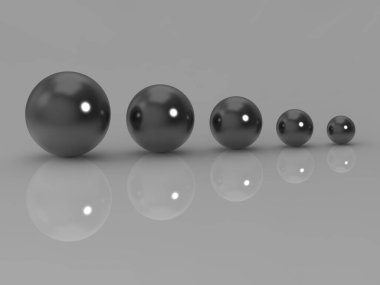 Farklı boyutlarda beş cam top. Gri arka planda farklı boyutlarda toplar. Herhangi bir şeyde büyüme kavramı. Kar artışı. Yatay görüntü. 3 boyutlu görüntü. 3d oluşturma.