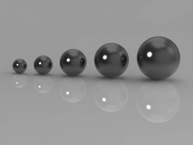 five glass balls of different sizes. balls of different sizes on a gray background. the concept of growth in anything. profit increase. Horizontal image. 3d image. 3d rendering.