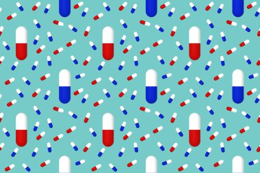 Yeşil mavi arka planda tıbbi kapsüllerin çizimleri. Yüzeye başvurmak için şablon. İlaç. Desen. 3 boyutlu görüntüleme. 3B resim