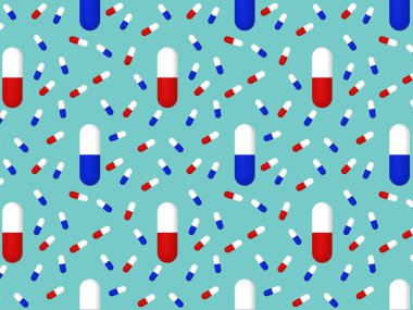 Yeşil mavi arka planda tıbbi kapsüllerin çizimleri. Yüzeye başvurmak için şablon. İlaç. Desen. 3 boyutlu görüntüleme. 3B resim