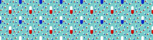 Drawing of images of medical capsules on green blue background. Template for applying to surface. medicine. pattern. Banner for insertion into site. Place for text cope space. 3D rendering. 3D image
