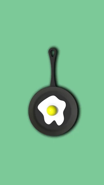 Fried Egg Frying Pan Pastel Green Background Top View Hot — ストック写真