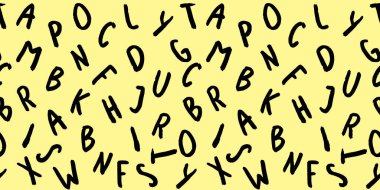 Klavye sembolleri ile şablon. Bir dizi mektup. Yüzey şablonu. Pastel sarı arka plan. Siteye eklenmek için pankart.