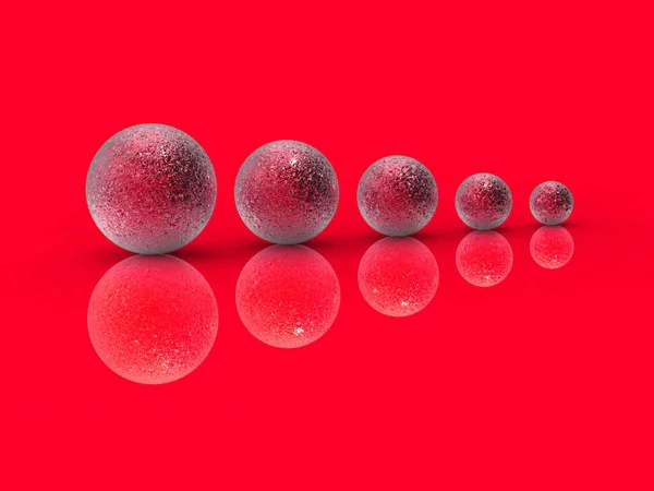 Five balls of metal of different sizes of red color on red background. Growth of something. Progress. Reflection. Horizontal image. 3D image. 3D rendering.
