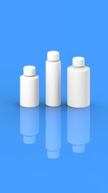 Mavi arka planda izole edilmiş beyaz kozmetik şişeler. Kozmetik ambalaj. Kozmetik için üç konteynır. Dikey görüntü. 3 boyutlu görüntü. 3d oluşturma.