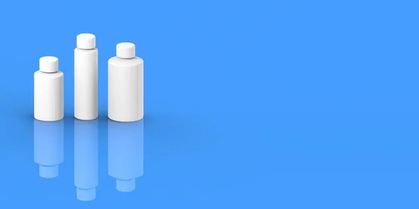 White cosmetic bottles, isolated on a blue background. Cosmetic packaging. Three containers for cosmetics. Banner for insertion into site. Place for text cope space. 3d image. 3d rendering.
