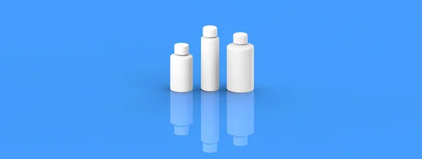 Bottiglie Cosmetiche Bianche Isolate Fondo Blu Imballaggio Cosmetico Tre Contenitori — Foto Stock