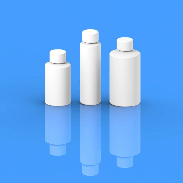 White Cosmetic Bottles Isolated Blue Background Cosmetic Packaging Three Containers — Stock Photo, Image