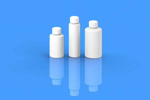 White Cosmetic Bottles Isolated Blue Background Cosmetic Packaging Three Containers — Stock Photo, Image