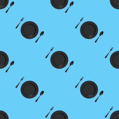 Kusursuz desen. Pastel mavi arka planda mutfak gereçleri. Çatal, kaşık, tabak. Yüzey uygulaması şablonu. Düz yatıyordu. Kare görüntü. 3 boyutlu görüntü. 3B görüntüleme.