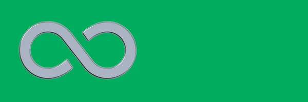 The sign of infinity is silver, isolated on a green background. Symbol of infinity. Horizontal image. Banner for insertion into site. Place for text cope space. 3D image. 3D rendering.