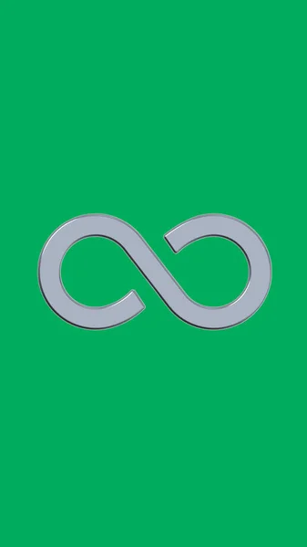 The sign of infinity is silver, isolated on a green background. Symbol of infinity. Vertical image. 3D image. 3D rendering.