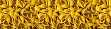 Makarna Conchiglioni yakın plan. Sarı makarna. makarna dokusu. Yatay görüntü. Siteye eklenmek için pankart.