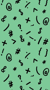 Klavye sembolleri ile desen. Noktalama işaretleri. Yüzeye uygulama şablonu. Pastel yeşil arka plan. Dikey resim.