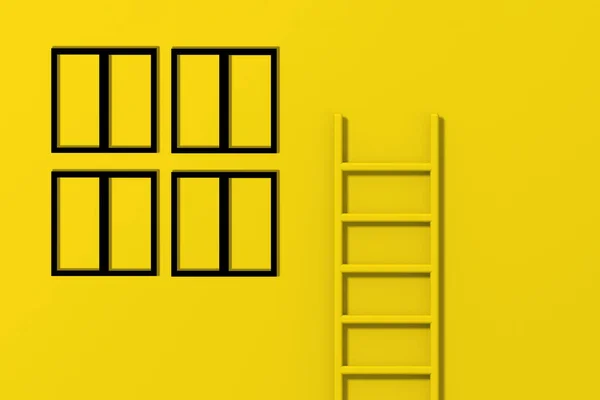 Yellow Stairs Yellow Background Black Windows Stairs Stand Vertically Wall — Foto de Stock