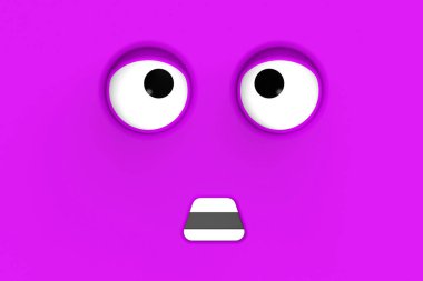 Fiolet face of cute character. Cute face. stupid face. emotion surprise. Horizontal image. Surprised face. 3D image. 3D rendering.