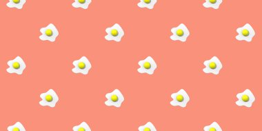 Desen. Pastel kırmızı arka planda tavuk yumurtası resmi. Yuvarlak yumurta sarısı. Yüzey örtüsü deseni. Bölgeye yerleştirme pankartı. 3 boyutlu görüntü. 3B görüntüleme.