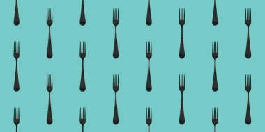 Desen. Pastel yeşil arkaplanda çatal üst görünümü. Yüzeye başvurmak için şablon. Bölgeye yerleştirme pankartı. Düz yatıyordu. 3 boyutlu görüntü. 3B görüntüleme.