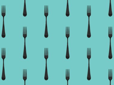 pattern. Fork top view on pastel green blue background. Template for applying to surface. Square image. Flat lay. 3D image. 3D rendering.