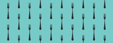 Desen. Pastel yeşil arkaplanda çatal üst görünümü. Yüzeye başvurmak için şablon. Bölgeye yerleştirme pankartı. Düz yatıyordu. 3 boyutlu görüntü. 3B görüntüleme.