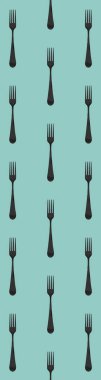 pattern. Fork top view on pastel green blue background. Template for applying to surface. Vertical banner for insertion into site. Flat lay. 3D image. 3D rendering.