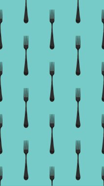 Desen. Pastel yeşil arkaplanda çatal üst görünümü. Yüzeye başvurmak için şablon. Dikey görüntü. Düz yatıyordu. 3 boyutlu görüntü. 3B görüntüleme.