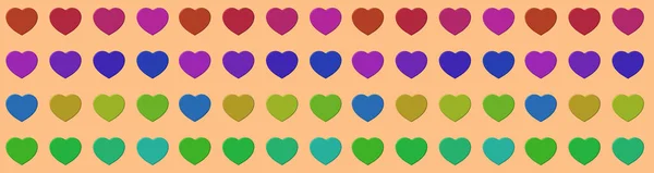 hearts of different colors isolated on orang background. Paste template. Glare from lighting Valentine\'s Day. Banner for insertion into site. 3D image. 3d rendering.