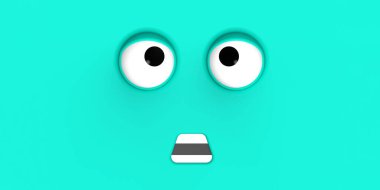 Blue face of cute character. Cute face. stupid face. emotion surprise. Banner for insertion into site. Place for text cope space. Surprised face. 3D image. 3D rendering.