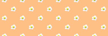pattern. Image of chicken egg on pastel yellow orange background. Egg with round yolk. Surface overlay pattern. Banner for insertion into site. 3D image. 3D rendering.