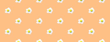 pattern. Image of chicken egg on pastel yellow orange background. Egg with round yolk. Surface overlay pattern. Banner for insertion into site. 3D image. 3D rendering.