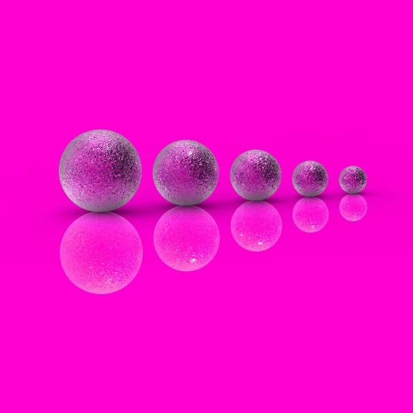 Five balls of metal of different sizes of pink color on pink background. Growth of something. Progress. Reflection. Horizontal image. 3D image. 3D rendering.
