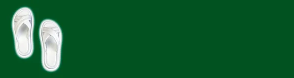 Жіночі Літні Білі Тапочки Зеленому Ялинковому Тлі Тапочки Горизонтальне Зображення — стокове фото