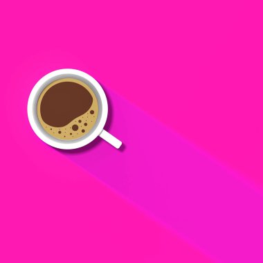 a white cup of coffee on pink background. long shadow from cup. invigorating drink. Square image. 3D image. 3D rendering.