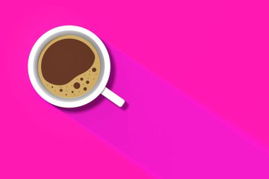 Pembe arka planda beyaz bir fincan kahve. Fincandan uzun bir gölge. Canlandırıcı bir içki. yatay görüntü. 3 boyutlu görüntü. 3B görüntüleme.